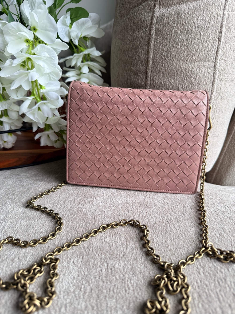 Bottega Veneta Mauve Pink Woven Leather Crossbody Bag